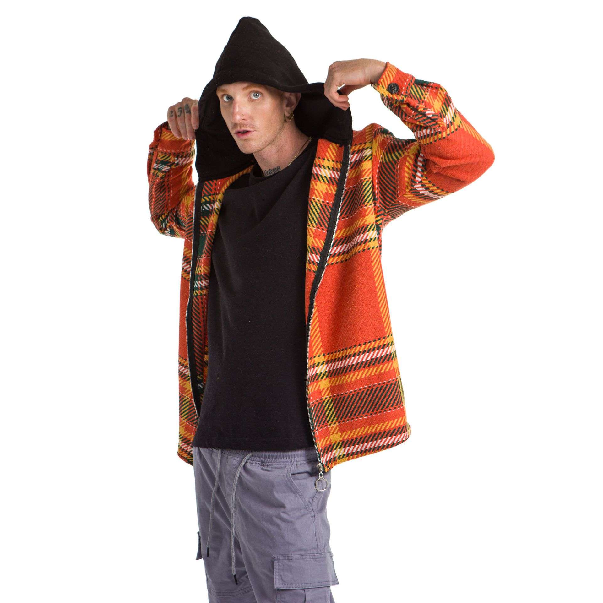 Orange Checkered hoodie plaid jacket Green Yellow striped