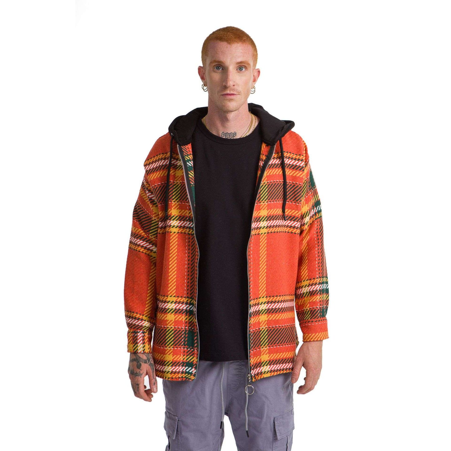 Orange Checkered hoodie plaid jacket Green Yellow striped
