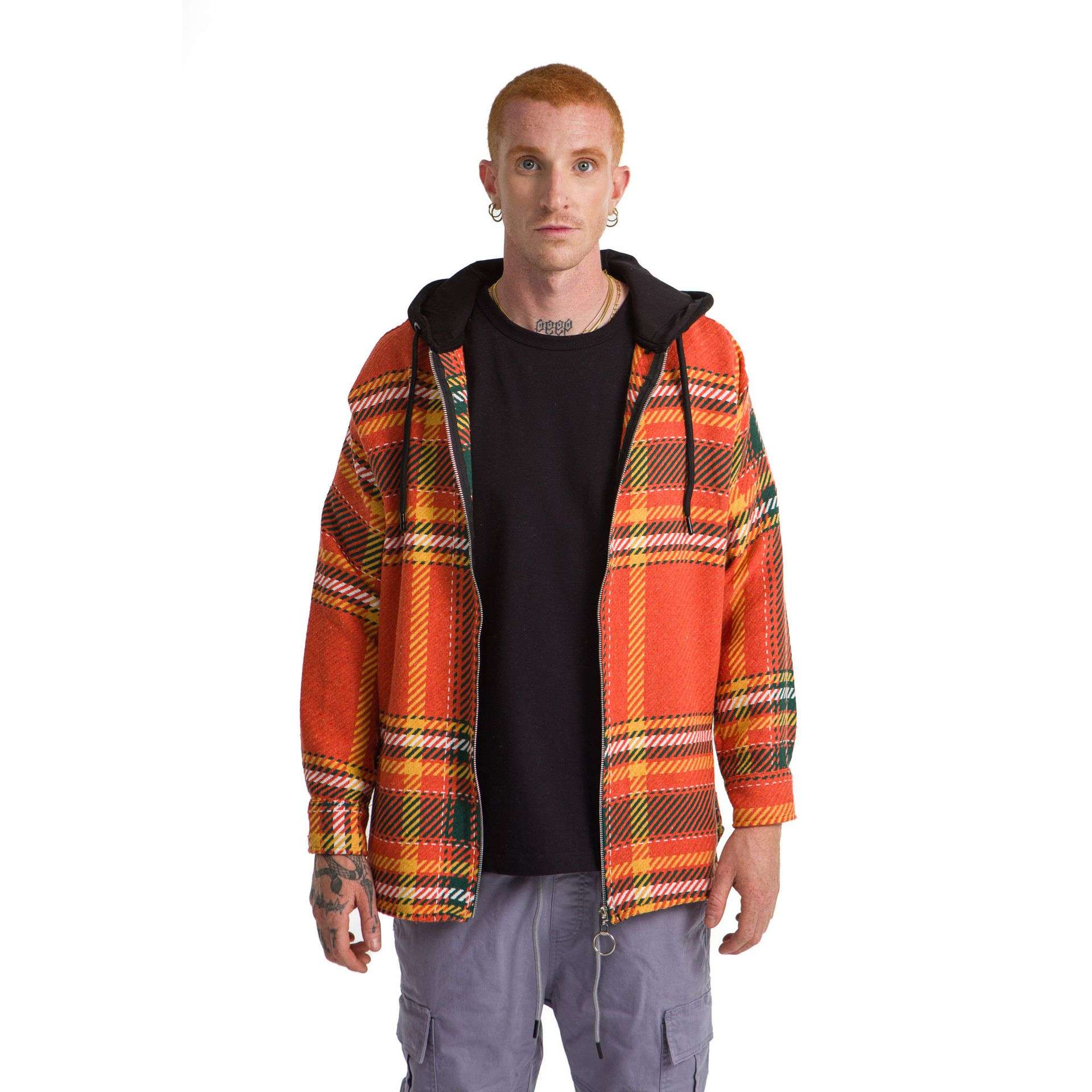 Orange Checkered hoodie plaid jacket Green Yellow striped