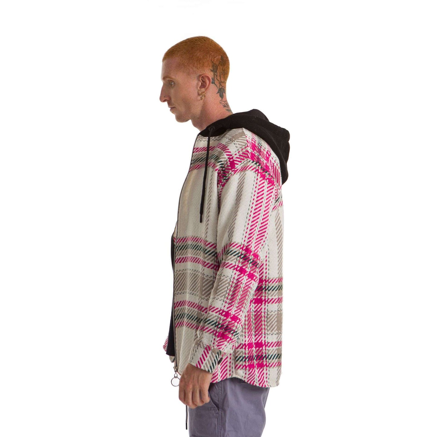 White Hoodie Checkered Plaid Jacket Rose Brown wide striped