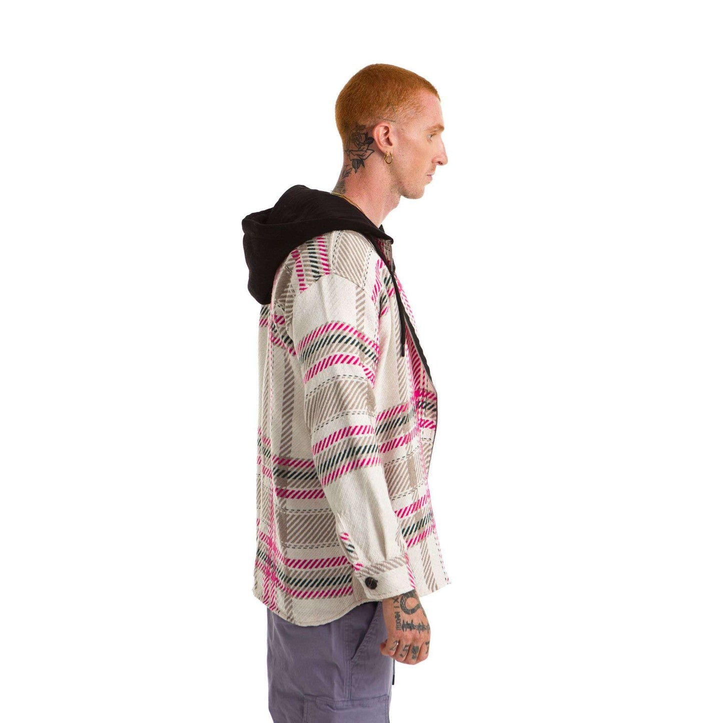 White Hoodie Checkered Plaid Jacket Rose Brown wide striped
