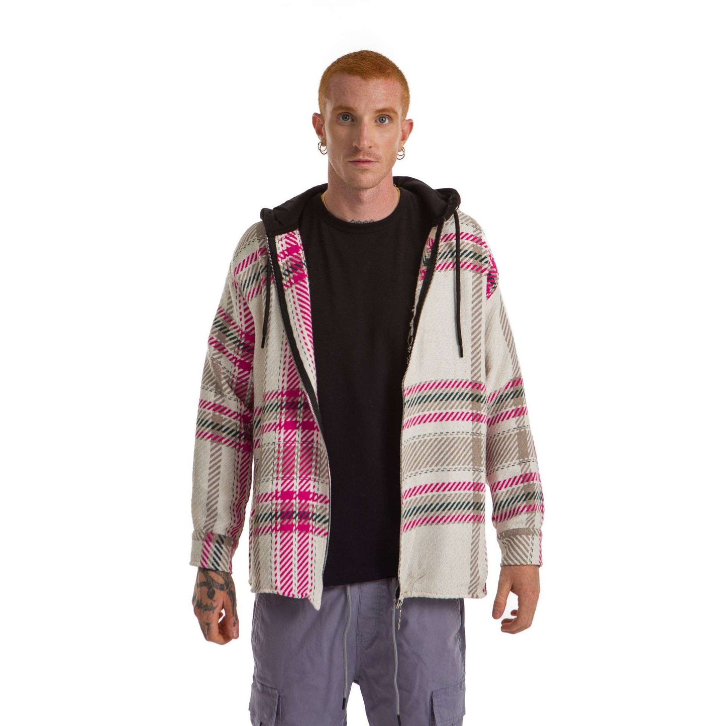 White Hoodie Checkered Plaid Jacket Rose Brown wide striped
