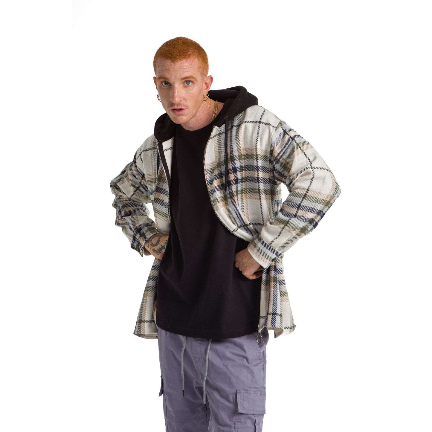 White Hoodie Checkered plaid Jacket Blue Green Wide Striped