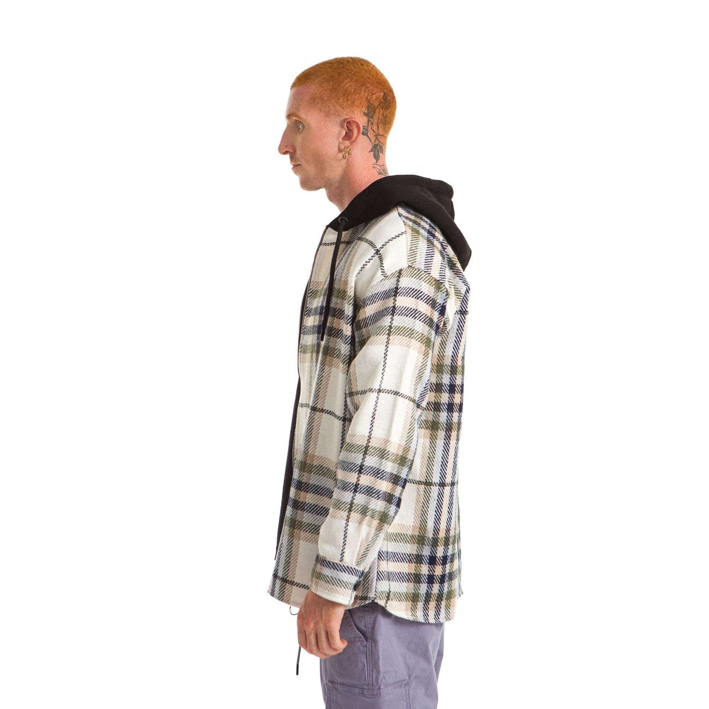 White Hoodie Checkered plaid Jacket Blue Green Wide Striped