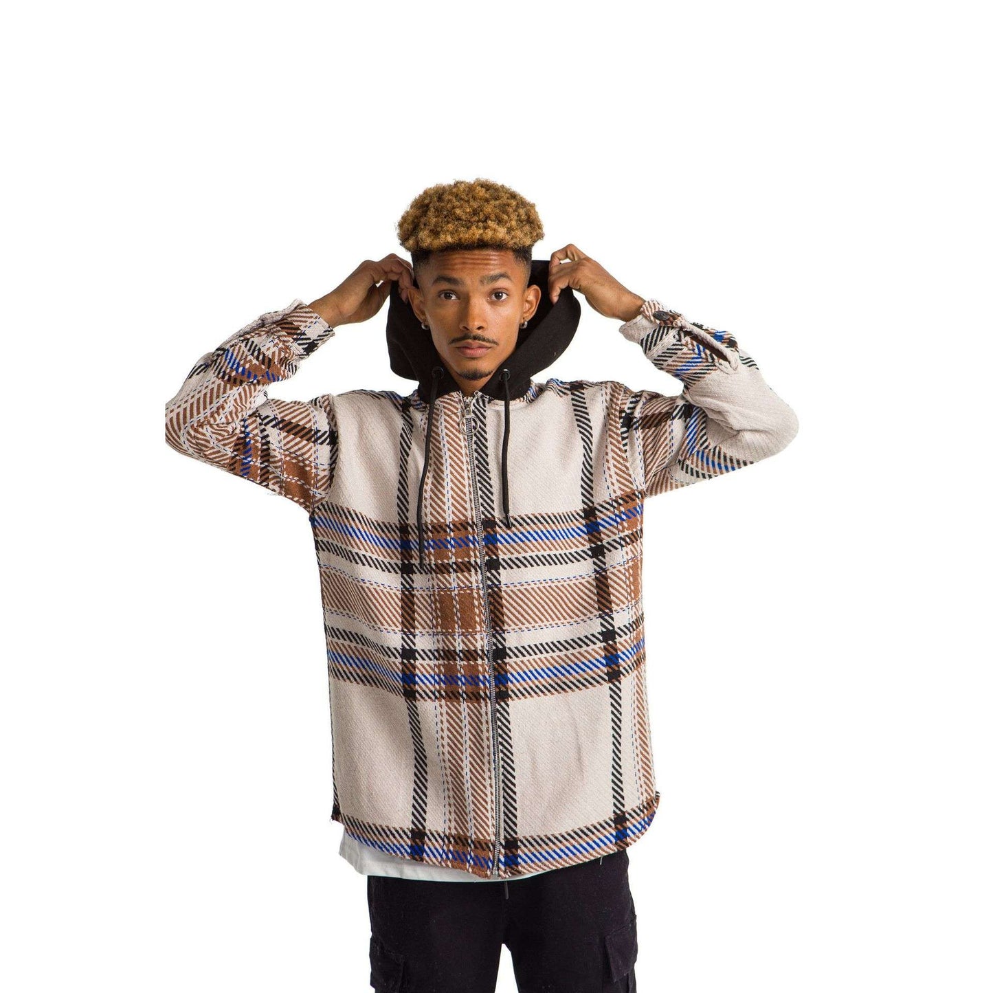 White Hoodie Checkered plaid jacket Blue Brown wide striped