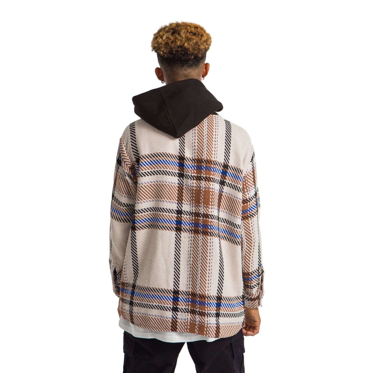 White Hoodie Checkered plaid jacket Blue Brown wide striped
