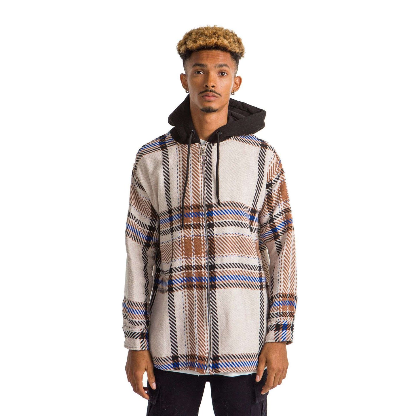 White Hoodie Checkered plaid jacket Blue Brown wide striped