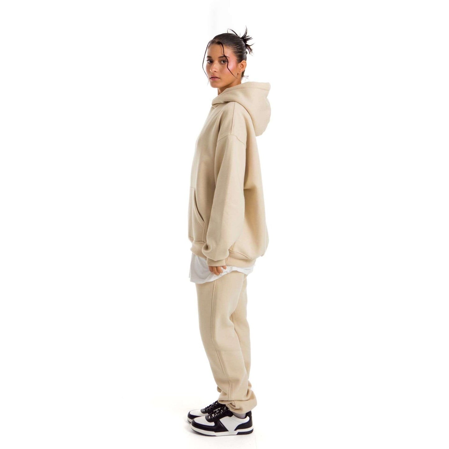 Women Beige Melton Plain Hoodies set