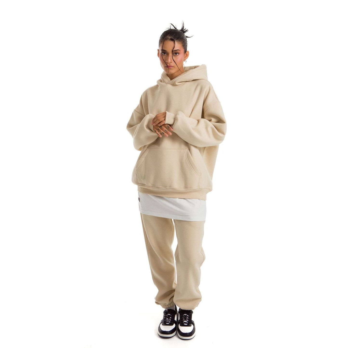 Women Beige Melton Plain Hoodies set