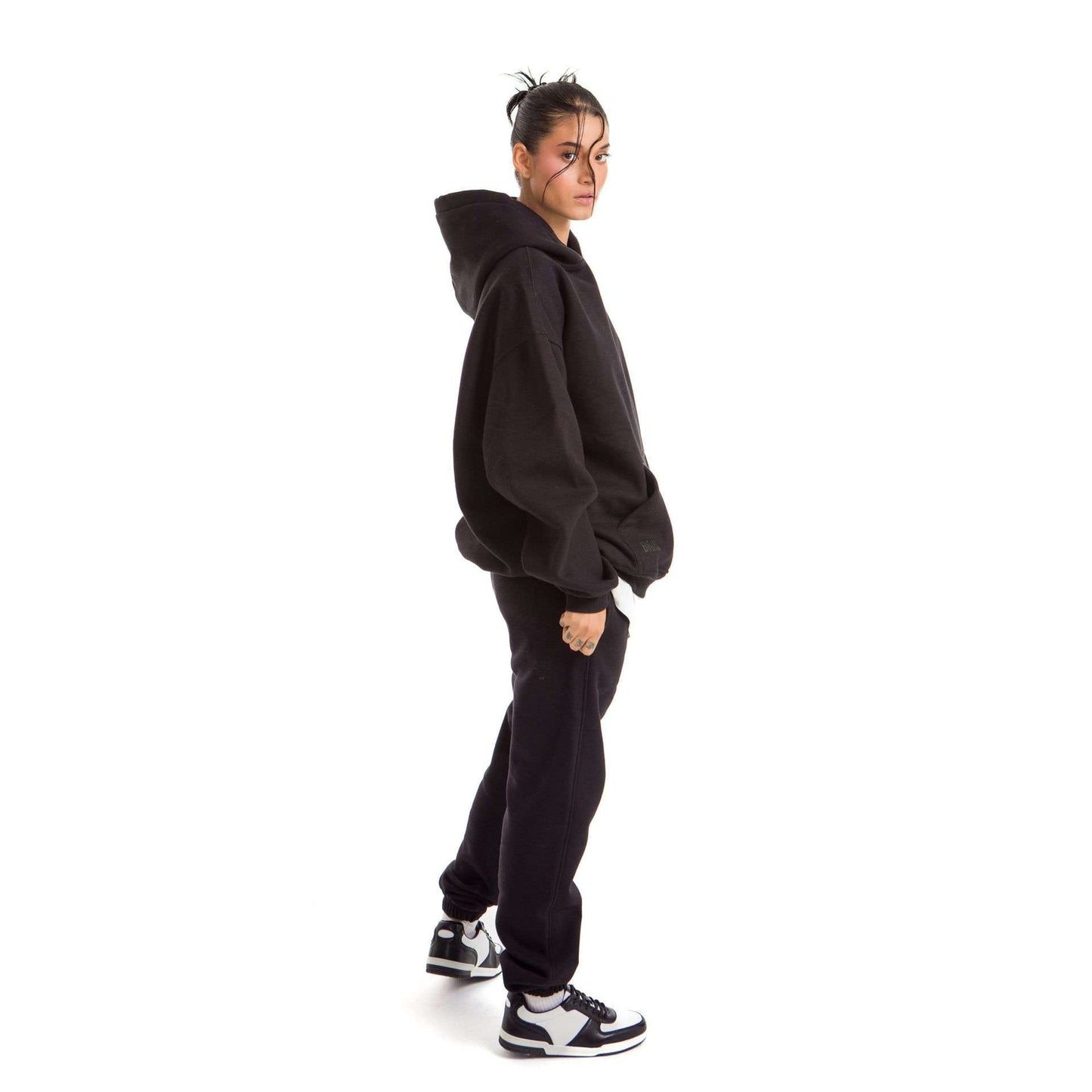 Women Black Melton Plain Hoodies set