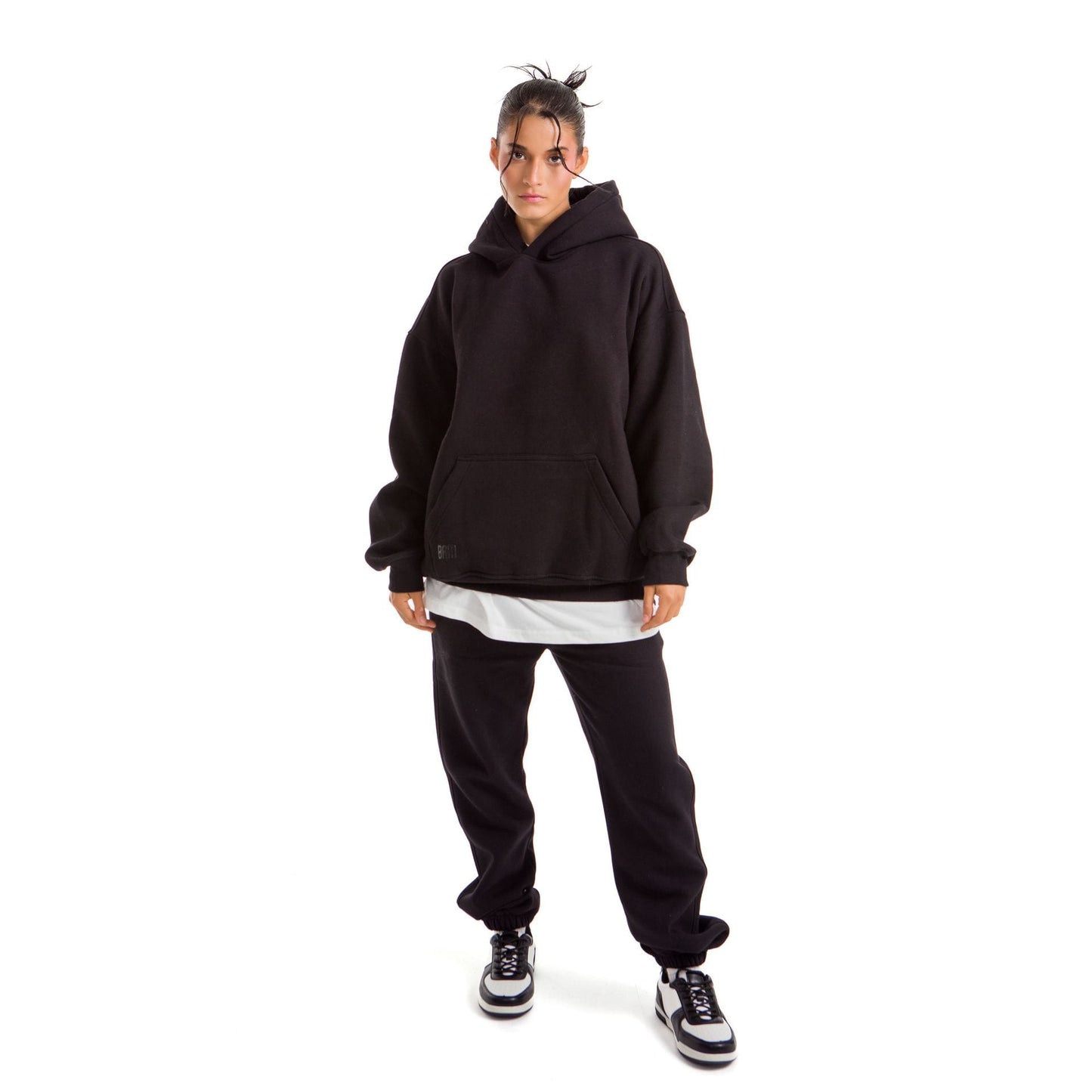 Women Black Melton Plain Hoodies set