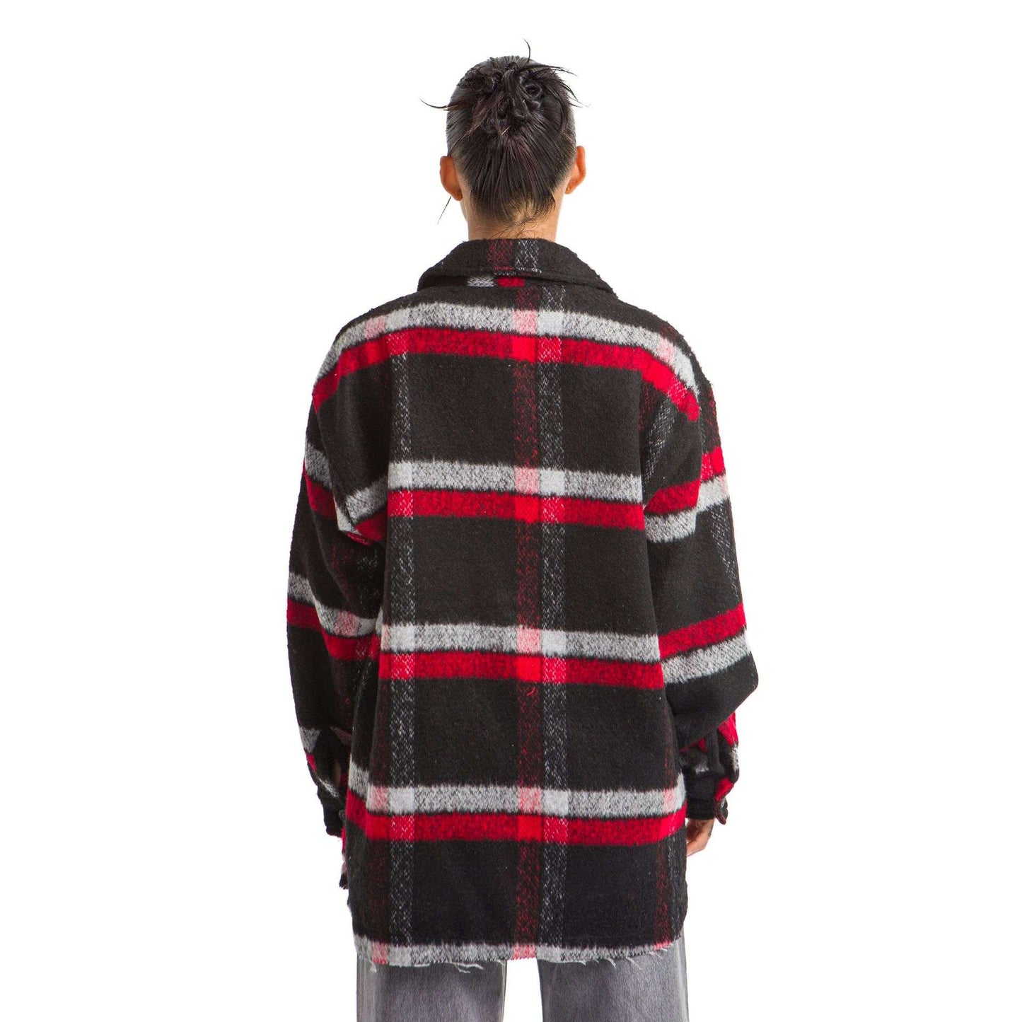 Women Black plaid jacket Red White striped