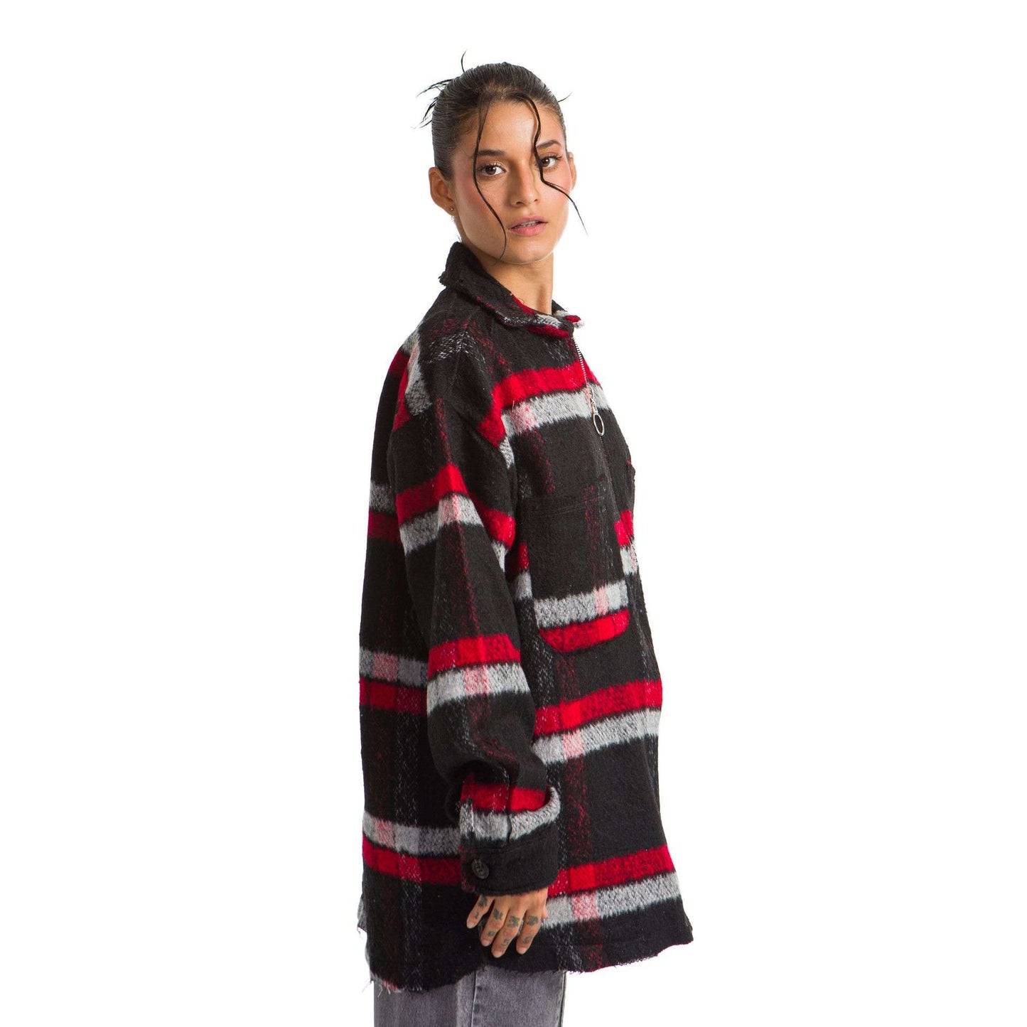 Women Black plaid jacket Red White striped