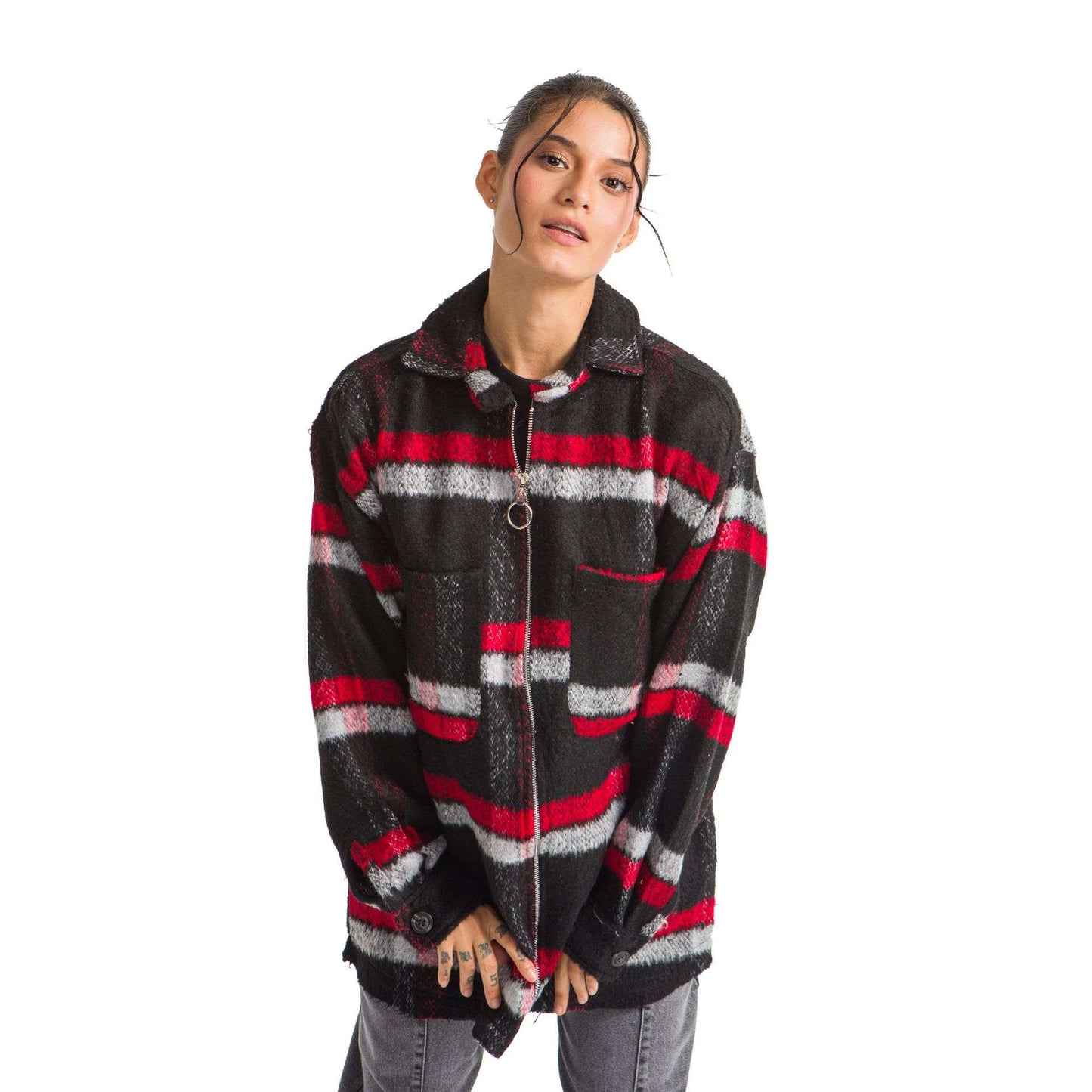 Women Black plaid jacket Red White striped