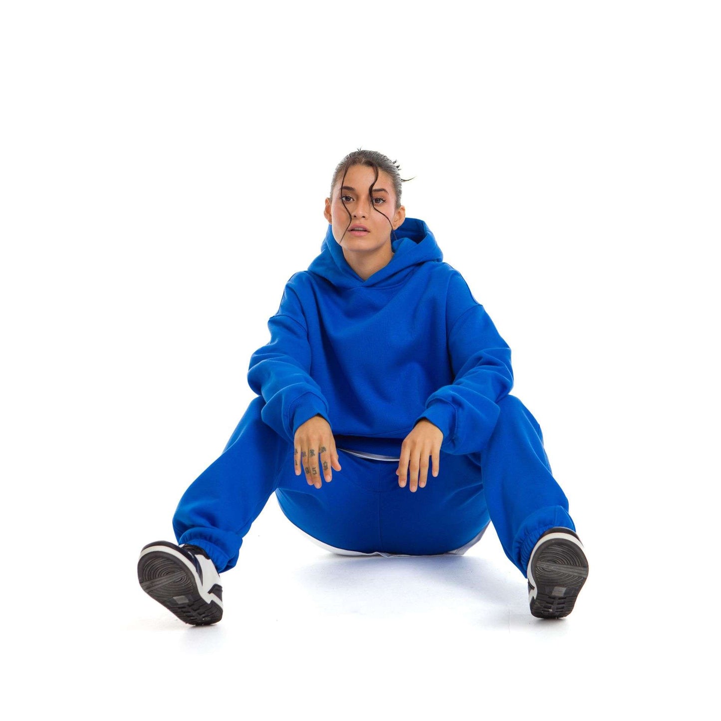 Women Blue Melton Plain Hoodies set