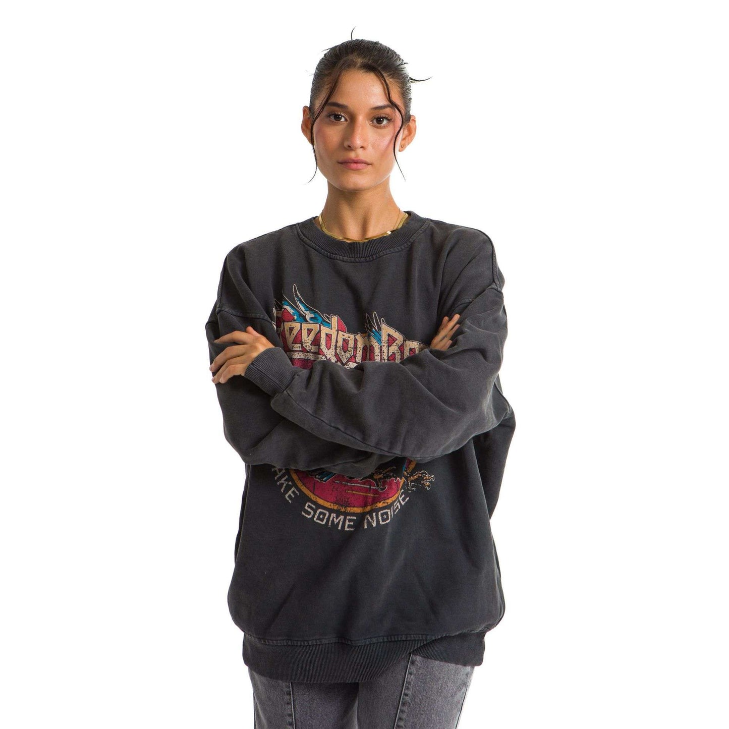 Women Dark Grey Heavy French terry Printed Sweatshirt. “Freedom Rock”