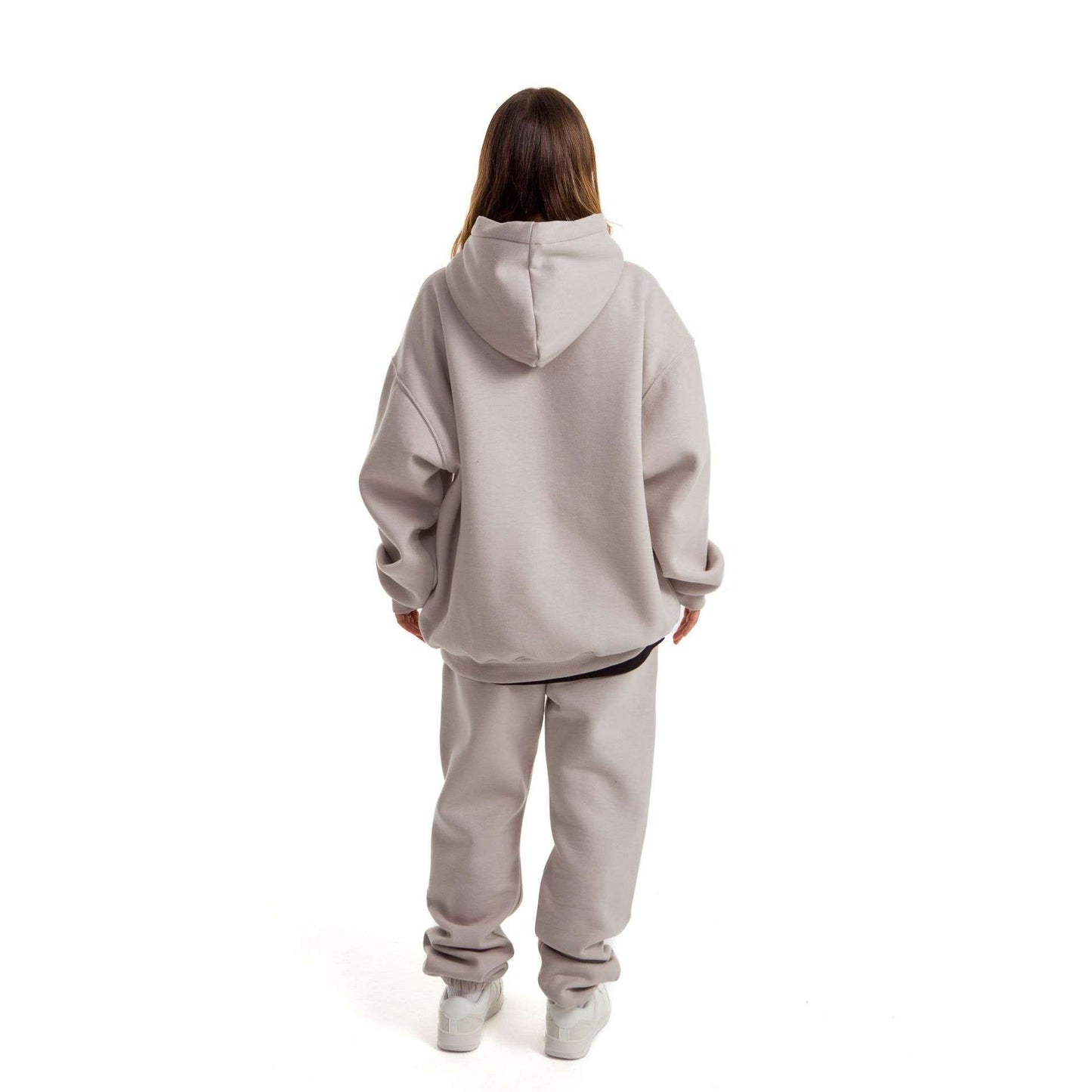 Women Light Grey Melton Plain Hoodies set