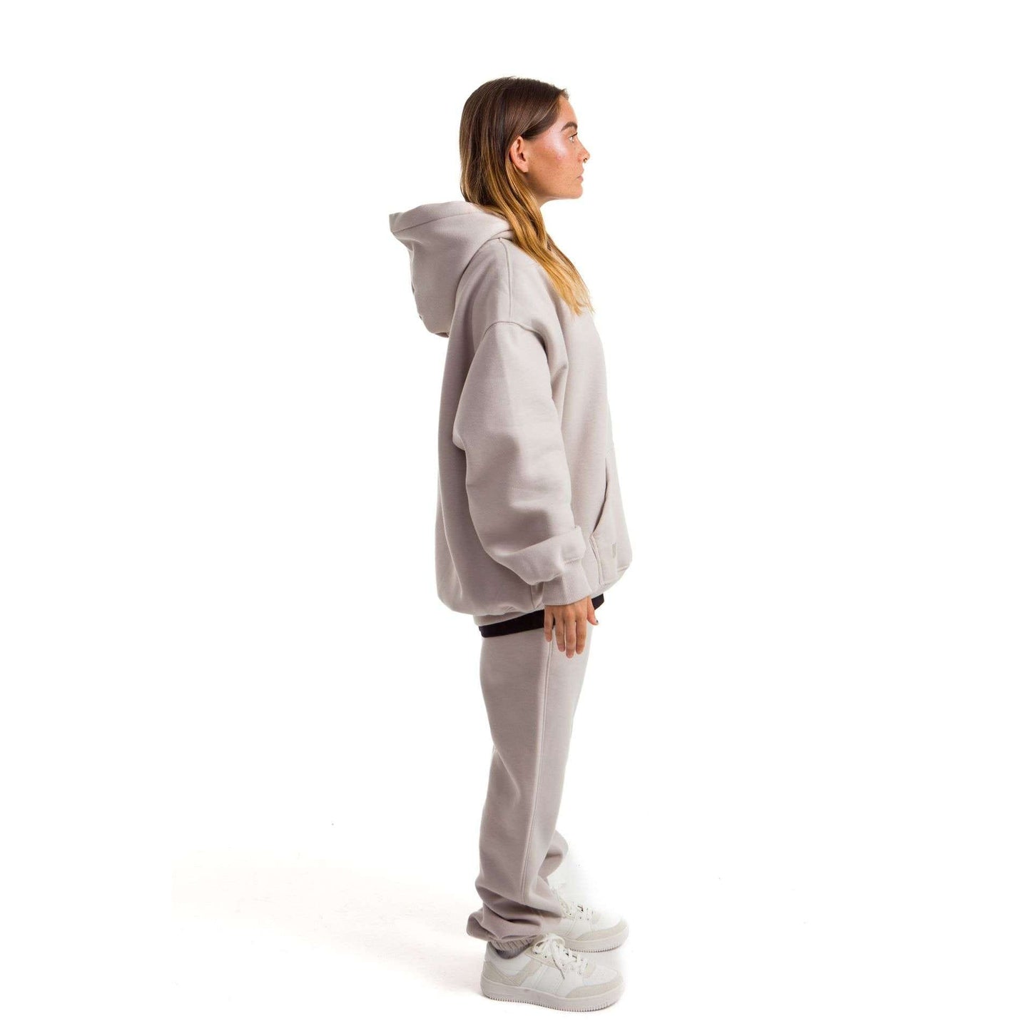 Women Light Grey Melton Plain Hoodies set