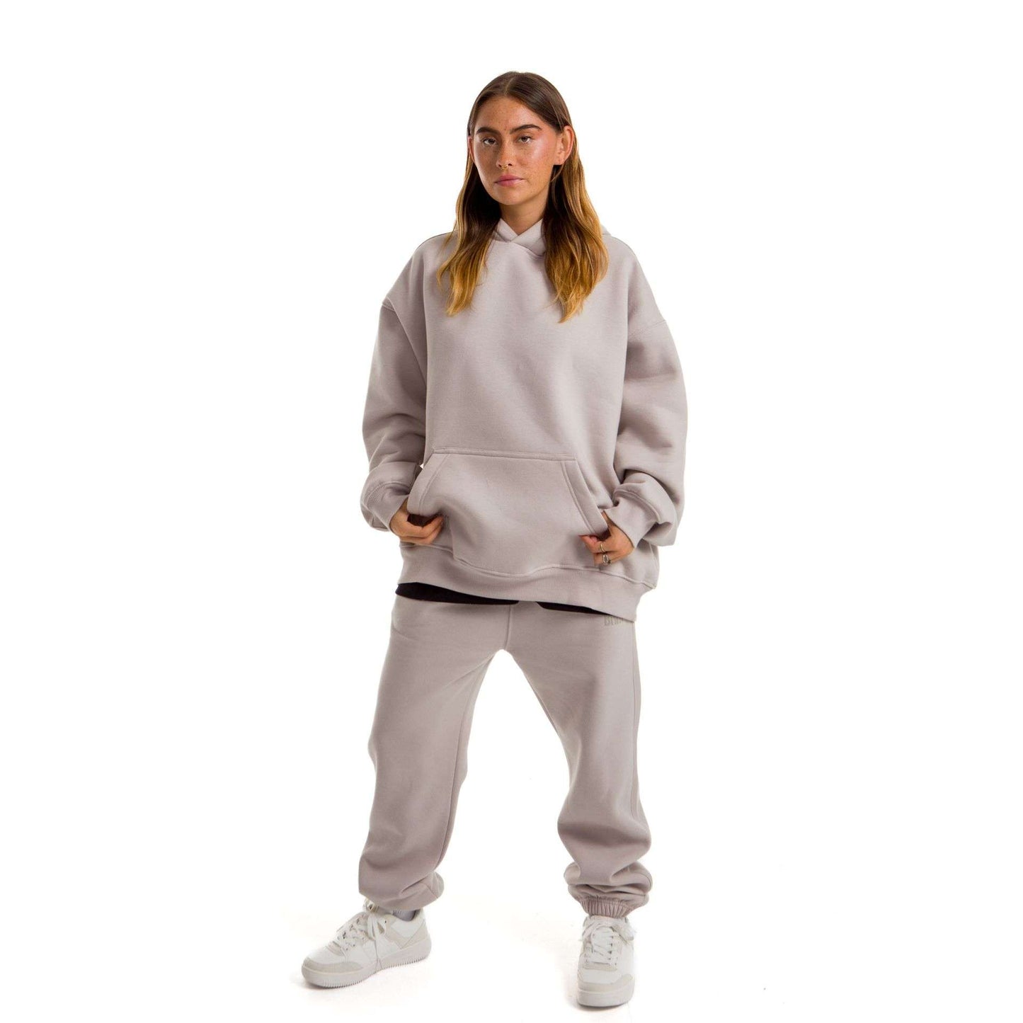 Women Light Grey Melton Plain Hoodies set