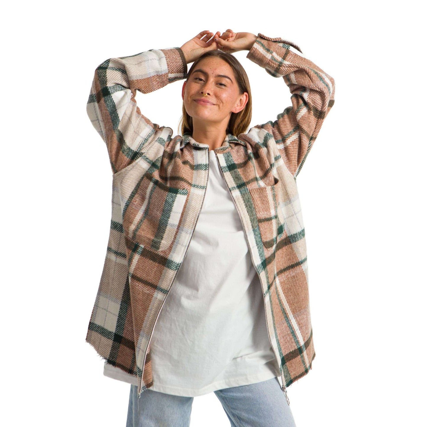Women Vintage Checkered plaid jacket green shrimp Striped
