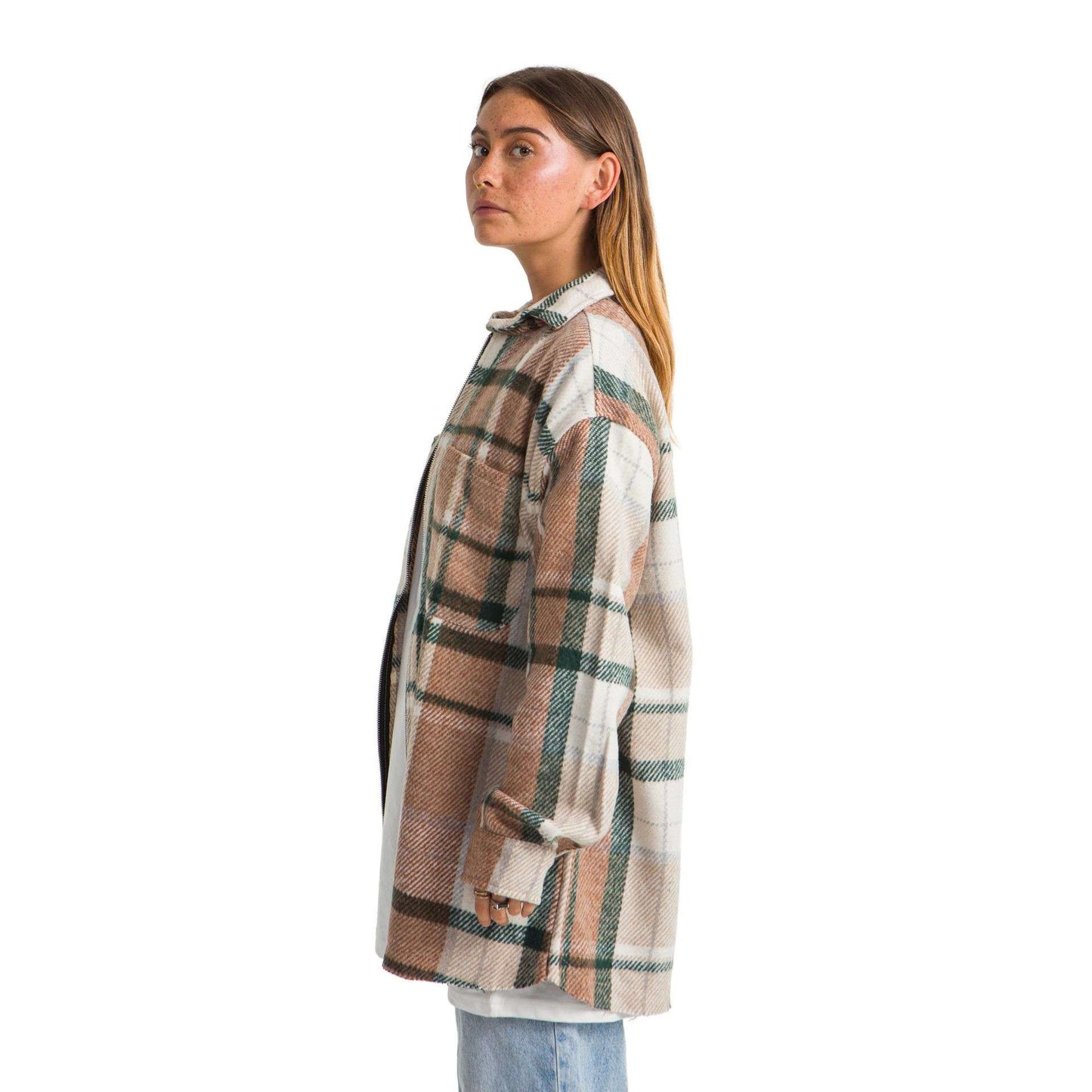 Women Vintage Checkered plaid jacket green shrimp Striped