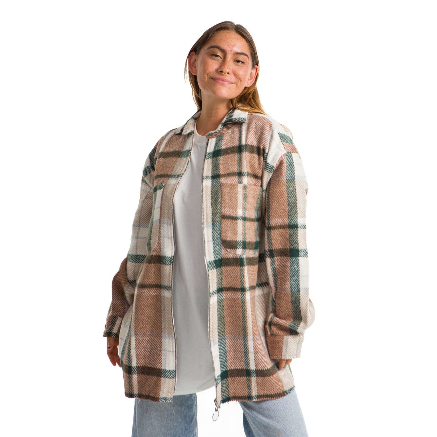 Women Vintage Checkered plaid jacket green shrimp Striped