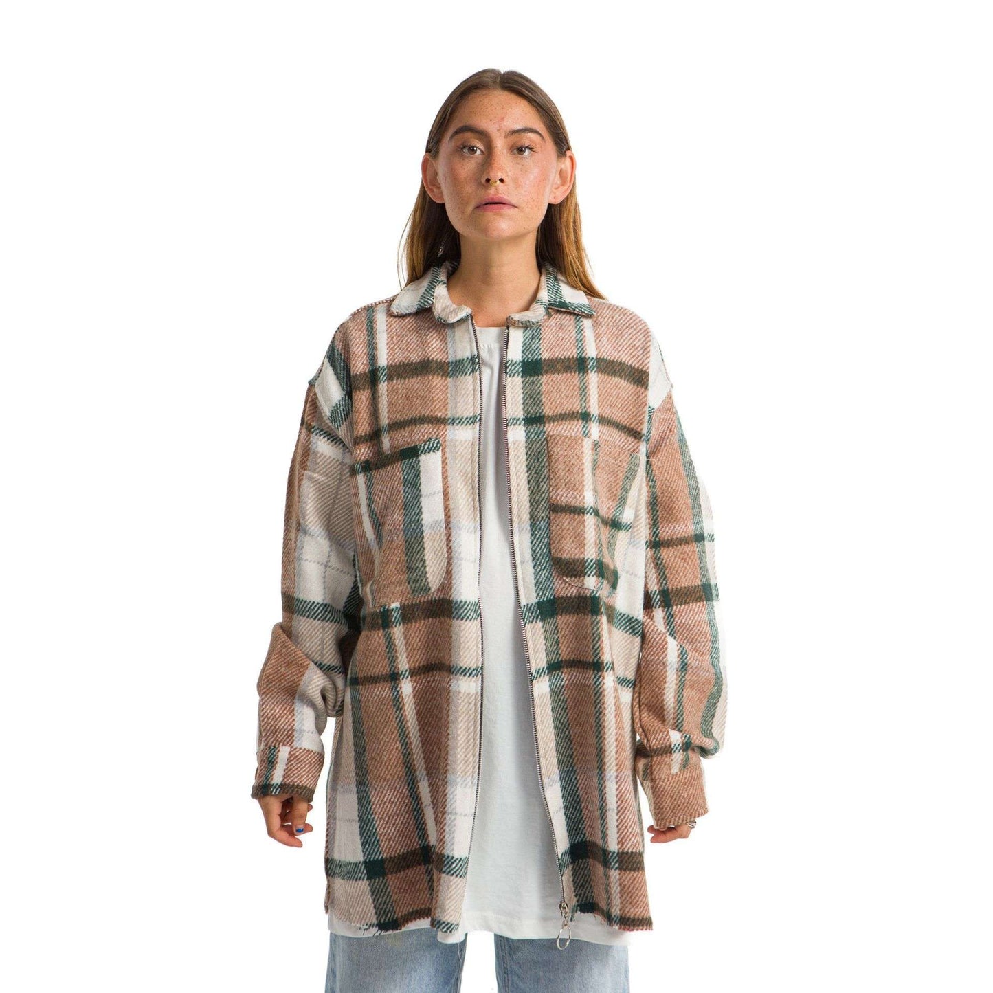 Women Vintage Checkered plaid jacket green shrimp Striped