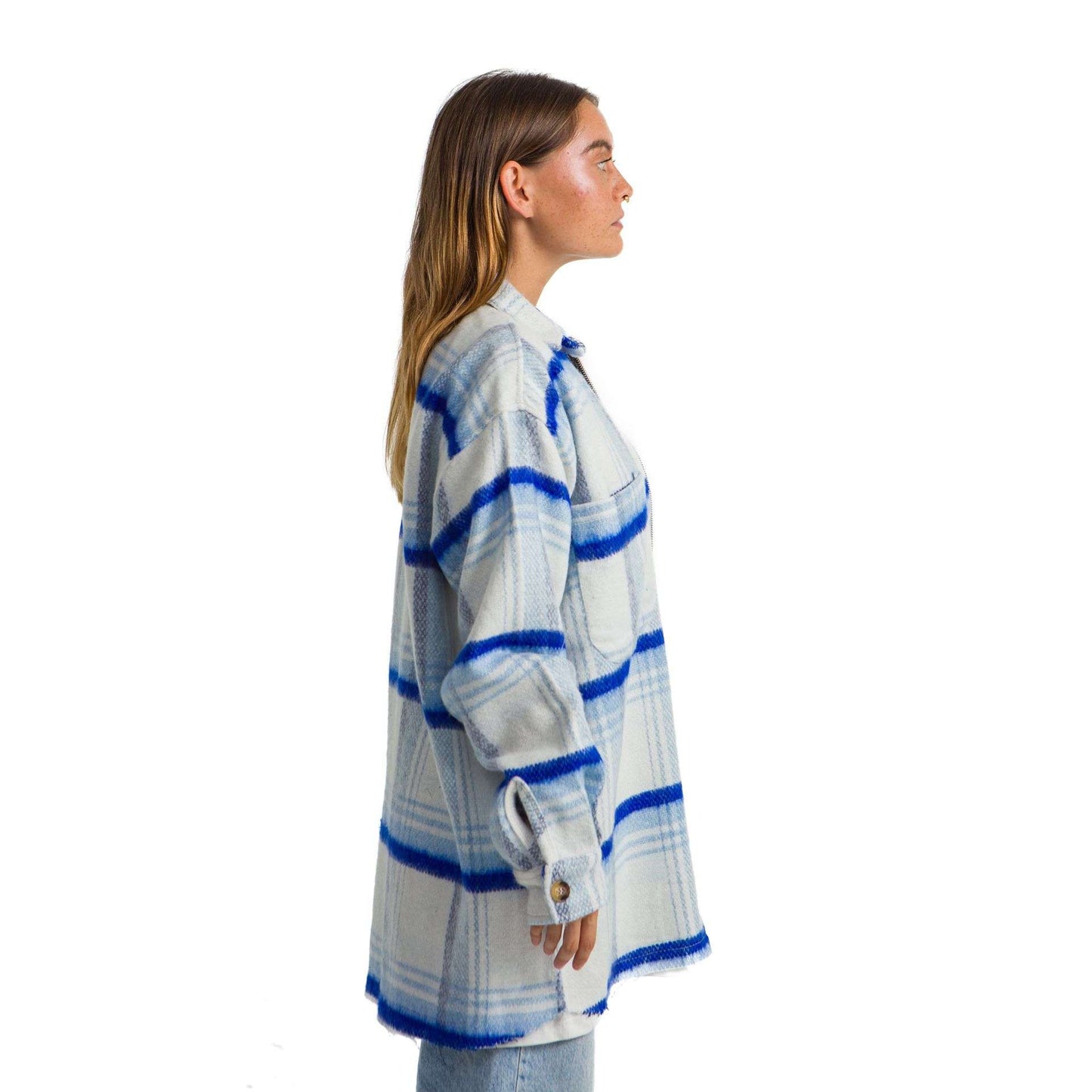 Women Vintage White plaid jacket striped blue