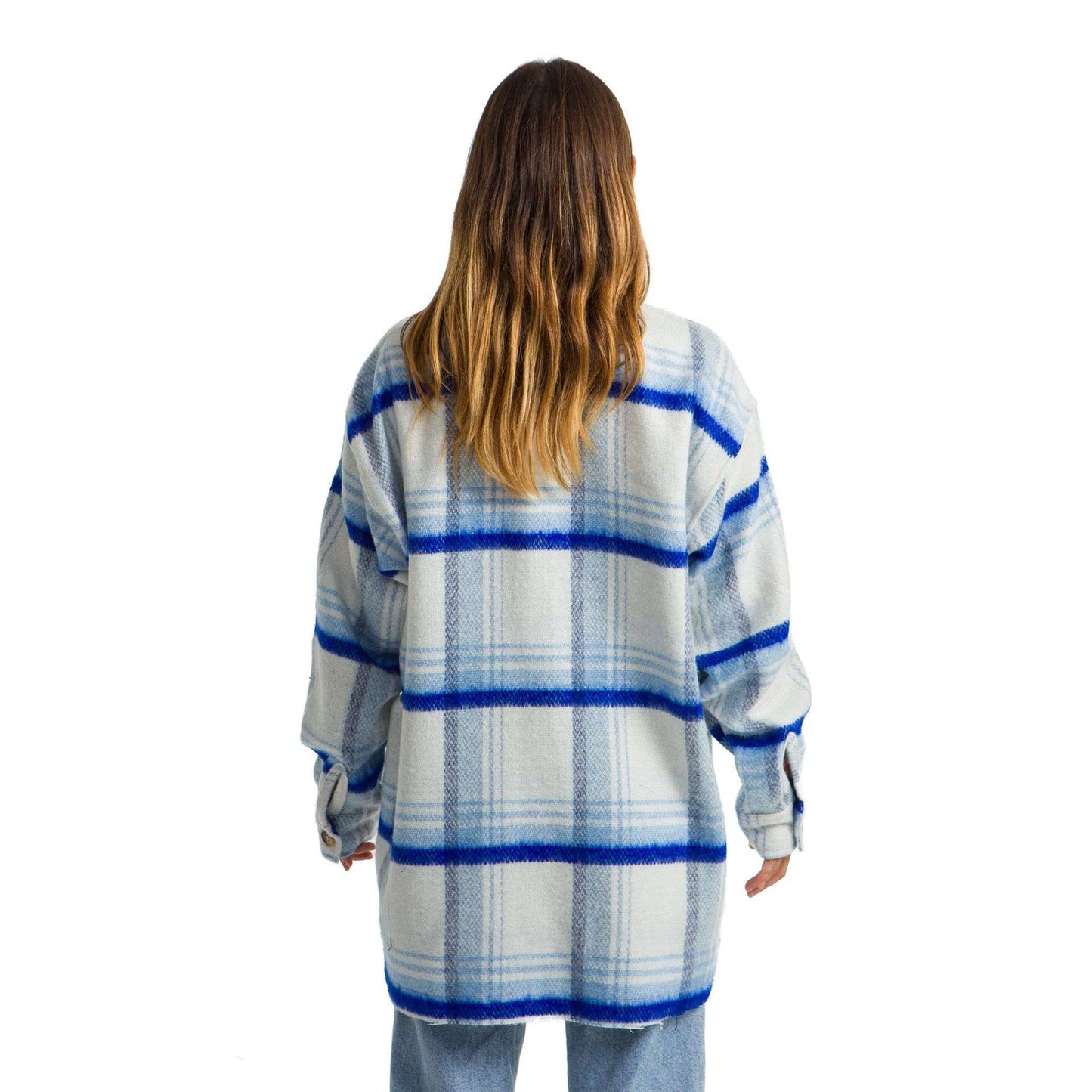 Women Vintage White plaid jacket striped blue