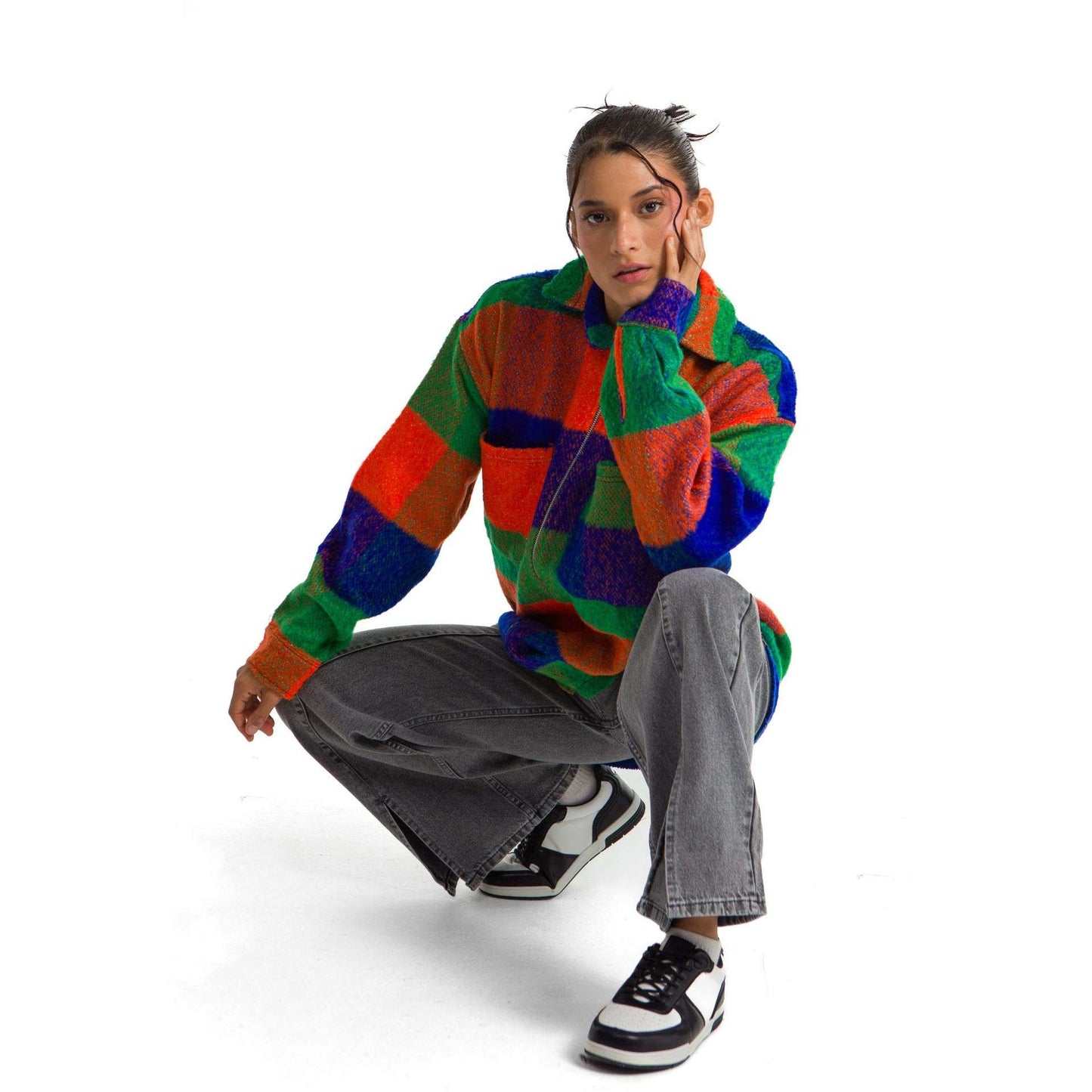 Women Vintage plaid Jacket blue orange green