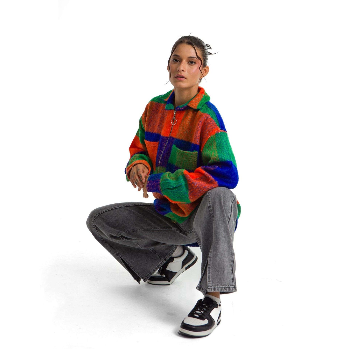 Women Vintage plaid Jacket blue orange green