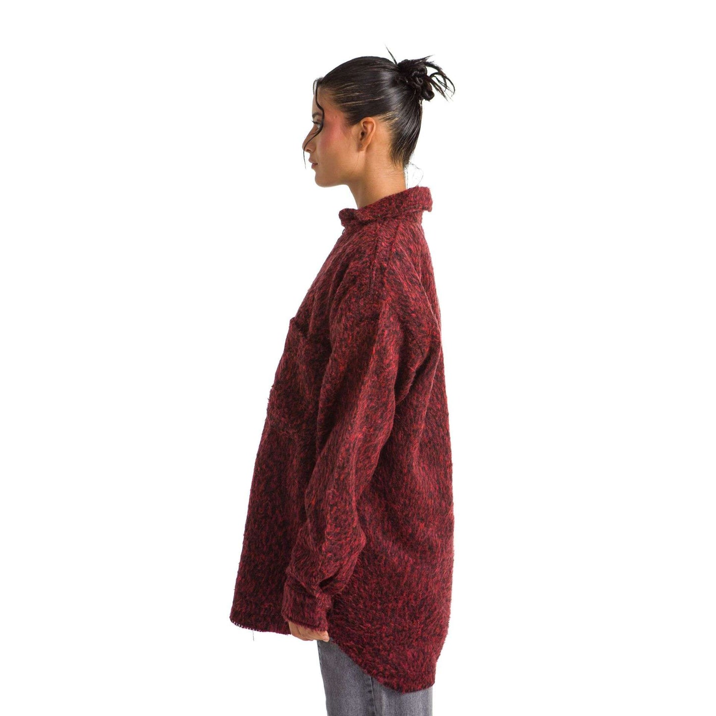 Women burgundy plaid jacket black dots