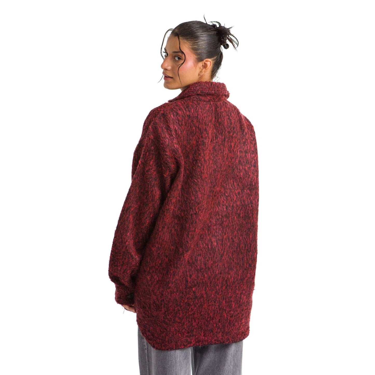 Women burgundy plaid jacket black dots