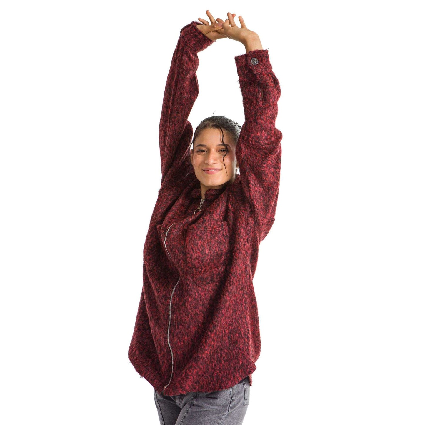 Women burgundy plaid jacket black dots