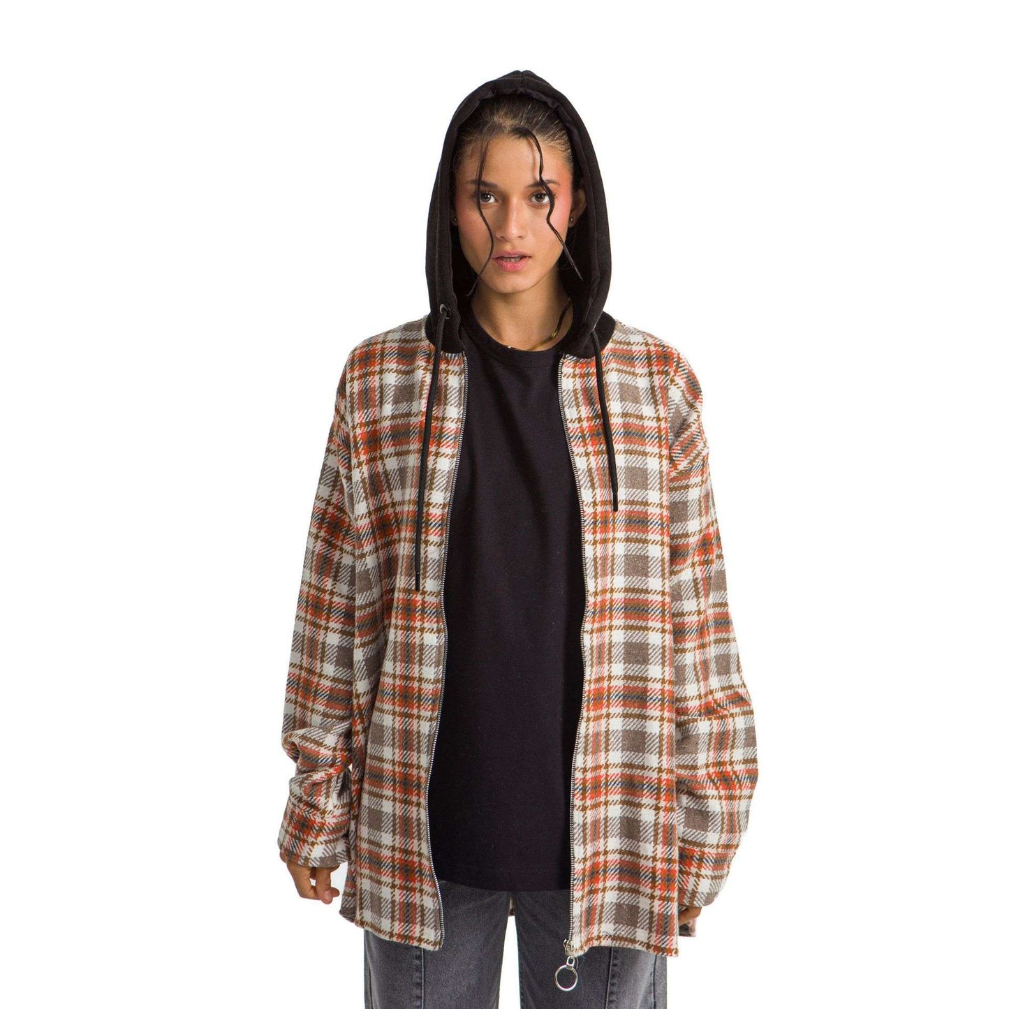 Women hoodie Checkered plaid Jacket orange brown