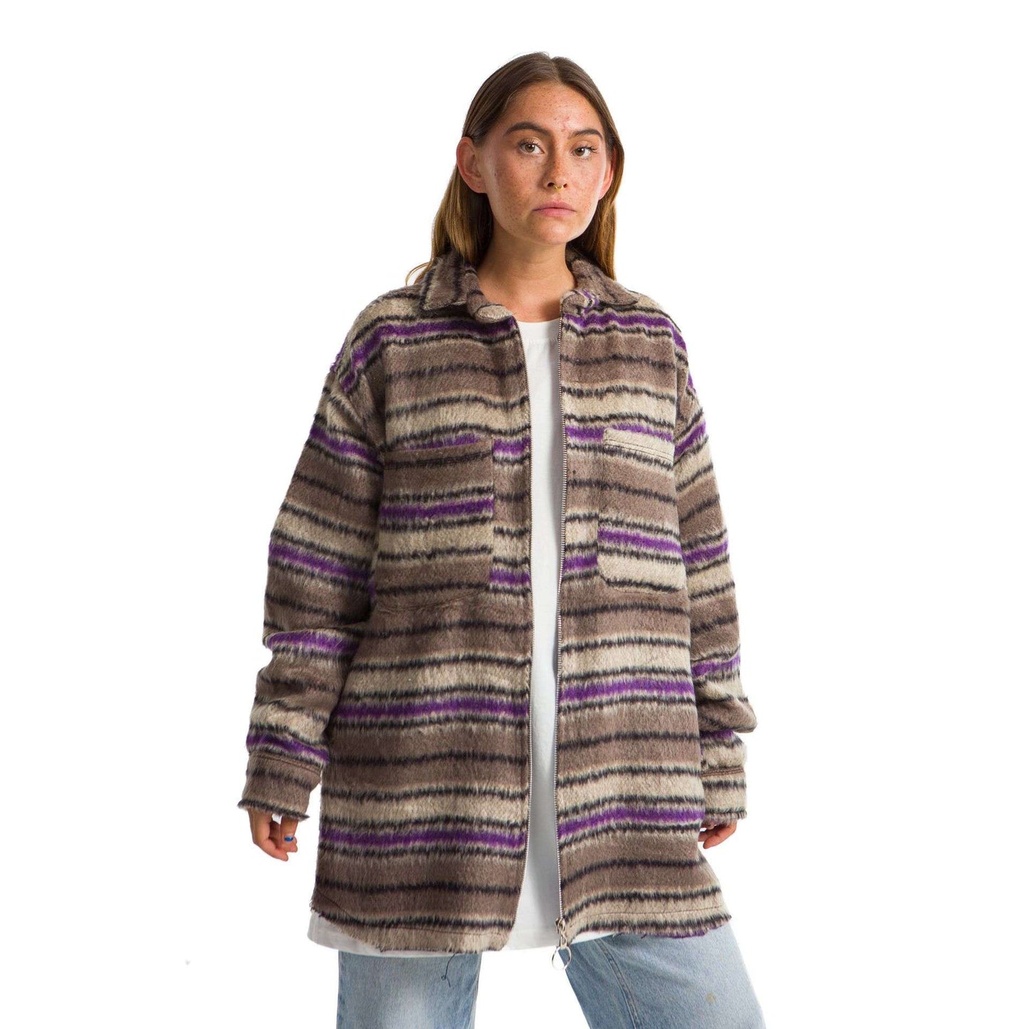 Women plaid jacket wavy Purple, Beige line