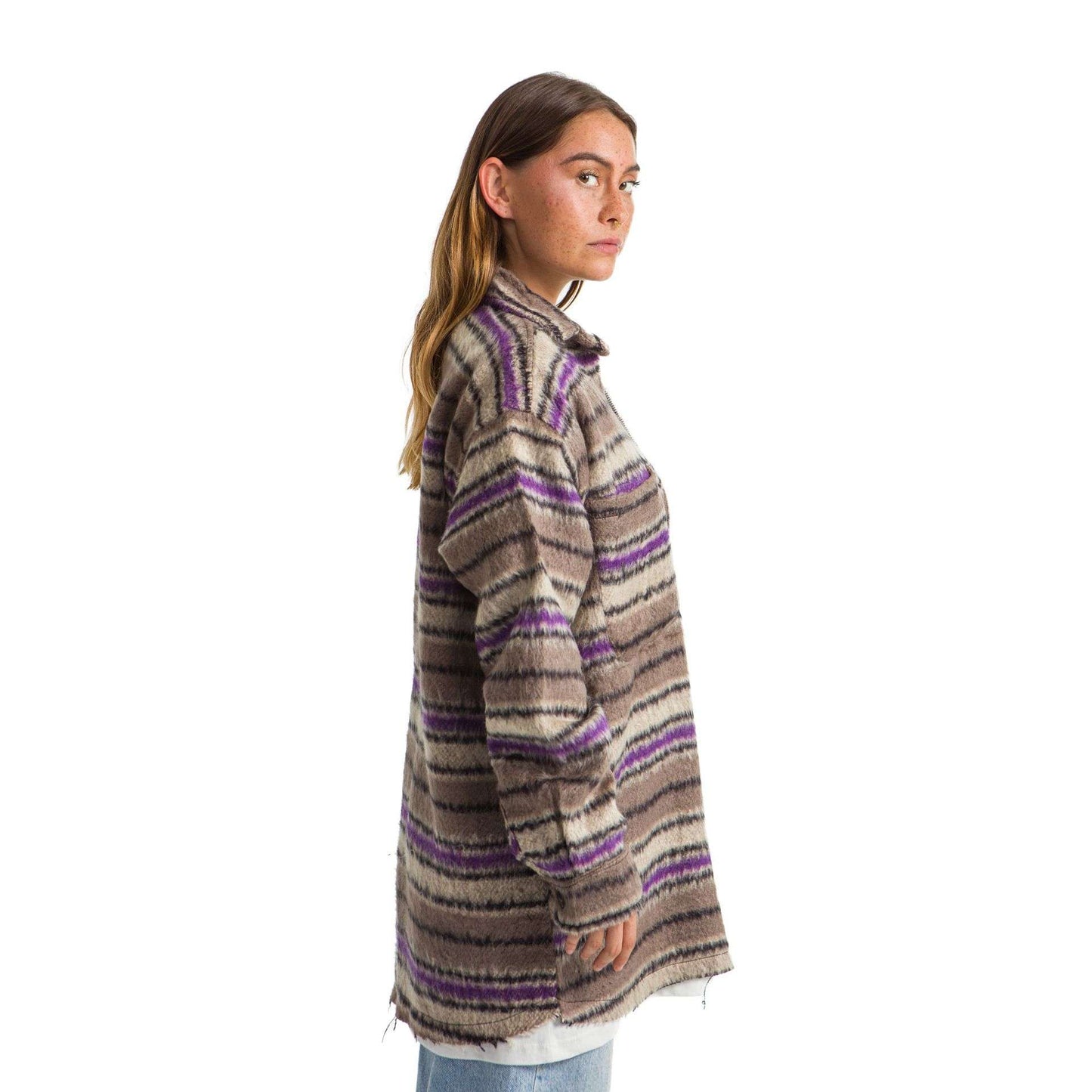 Women plaid jacket wavy Purple, Beige line