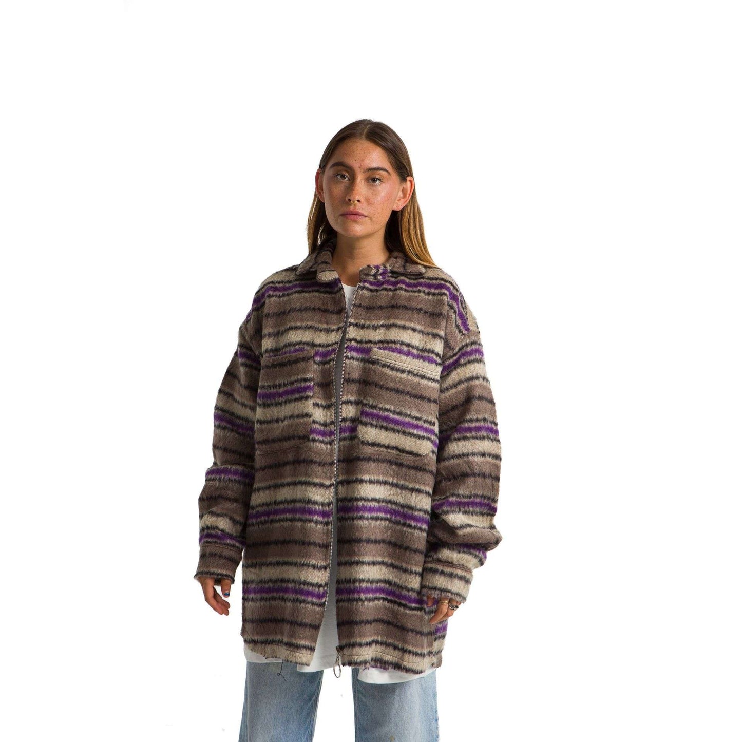 Women plaid jacket wavy Purple, Beige line