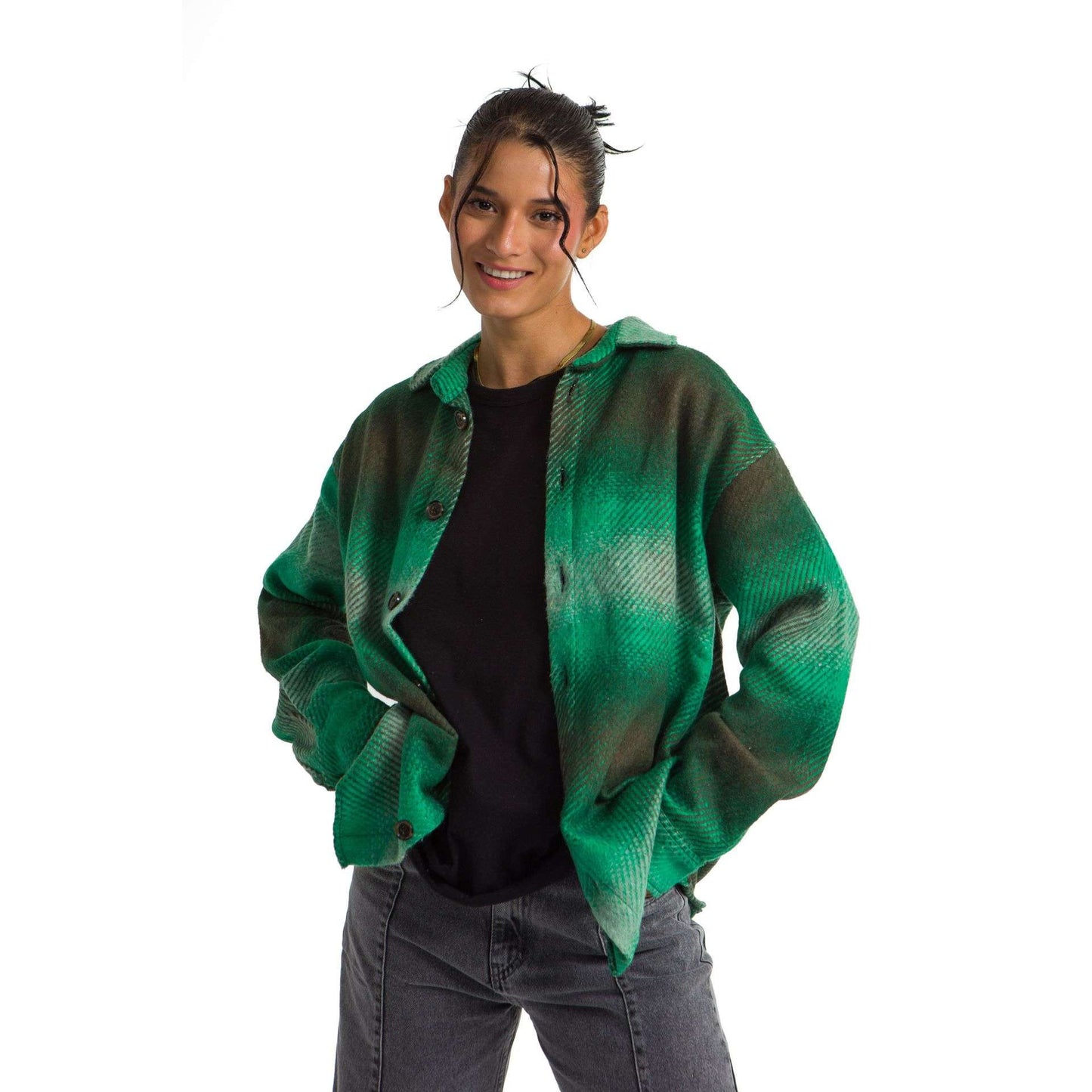 Women`s heavy Long-sleeve shirt Oversized Green neon wide striped