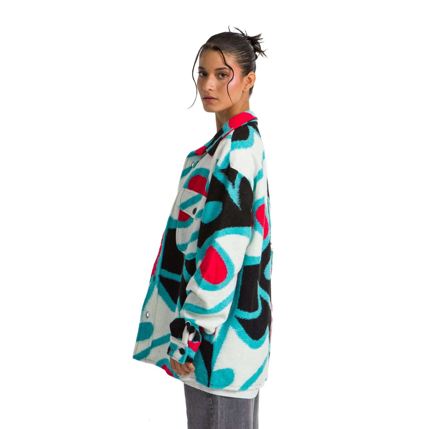 Women`s heavy Long-sleeve shirt Oversized white designed Pacific Blue, red
