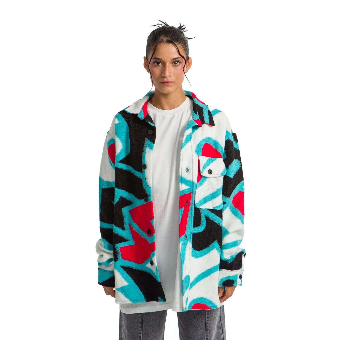 Women`s heavy Long-sleeve shirt Oversized white designed Pacific Blue, red