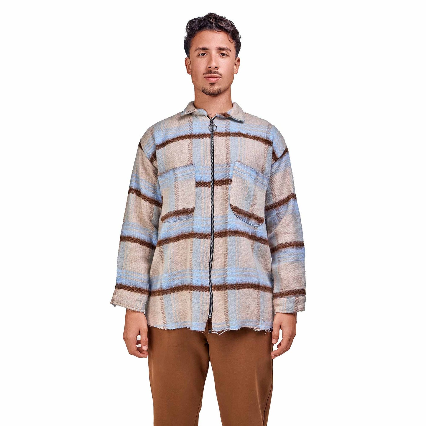 Vintage and Wool Plaid Jacket Zipped Beige brown