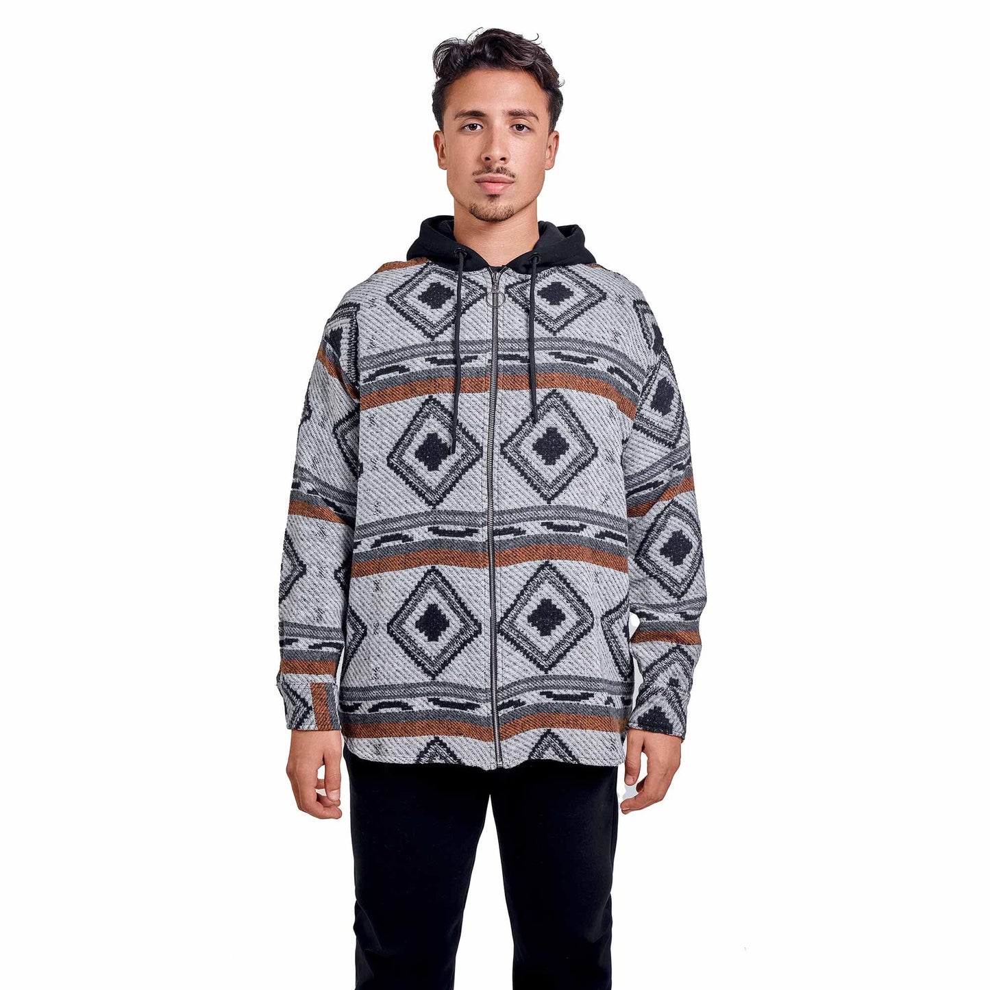 White Hoodie Checkered plaid jacket grey Brown wide striped