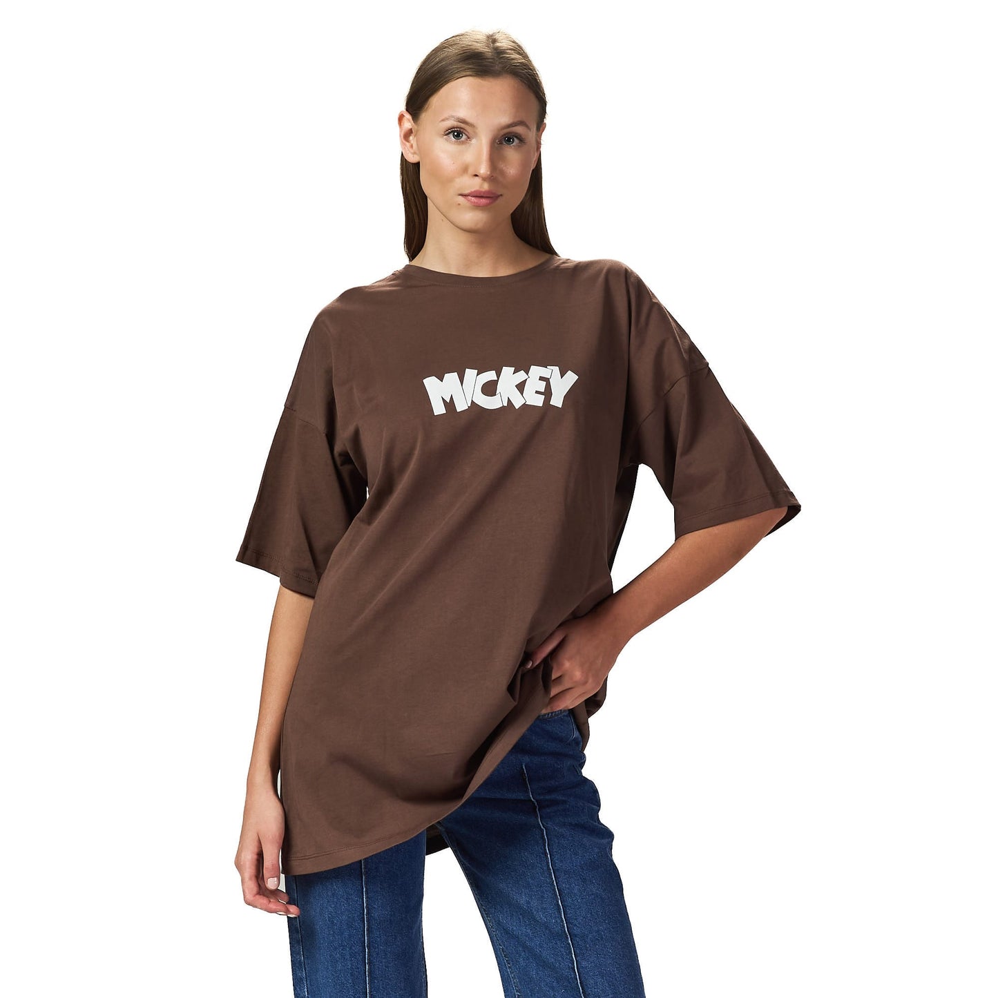 Mickey Mouse Brown Oversized Printed T-shirt