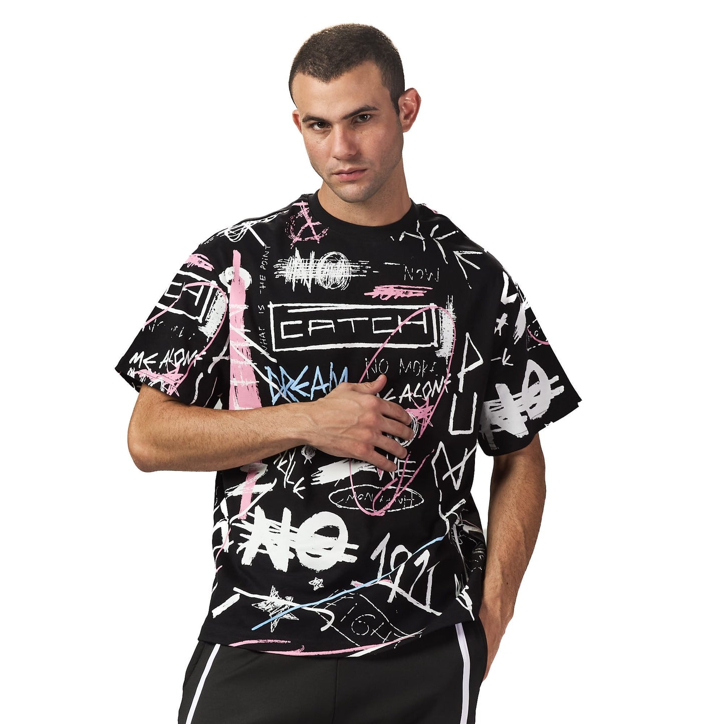 Leave me alone black oversized printed t shirt