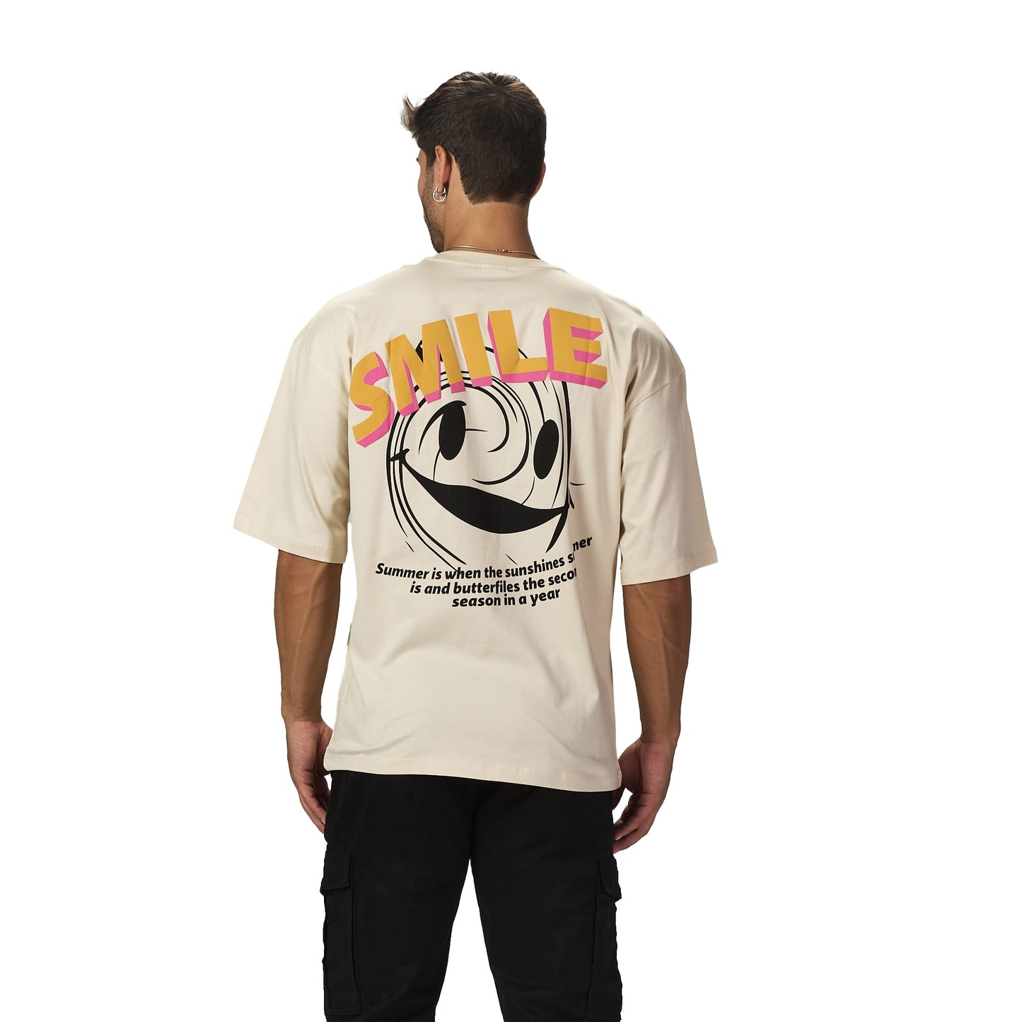 Light Beige Smile Oversized Printed T shirt