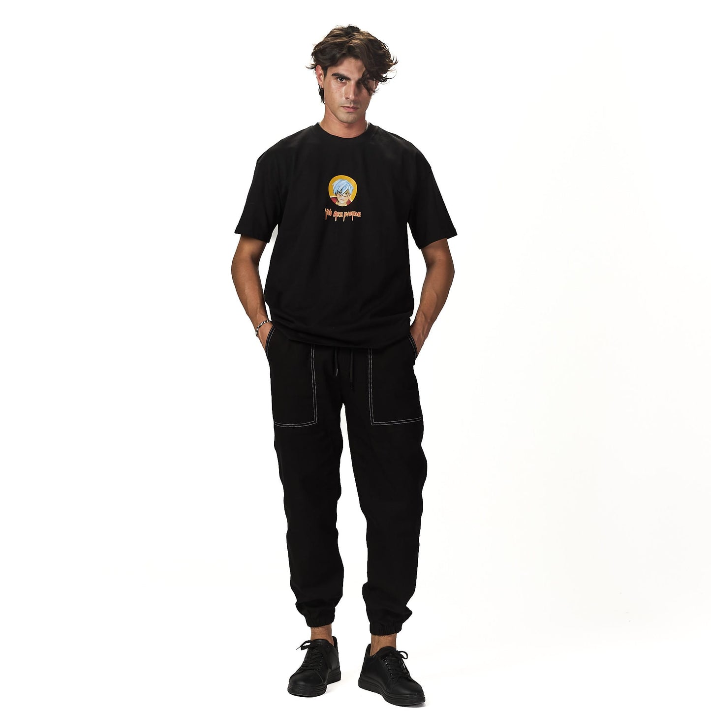 You are inside black oversized printed t-shirt