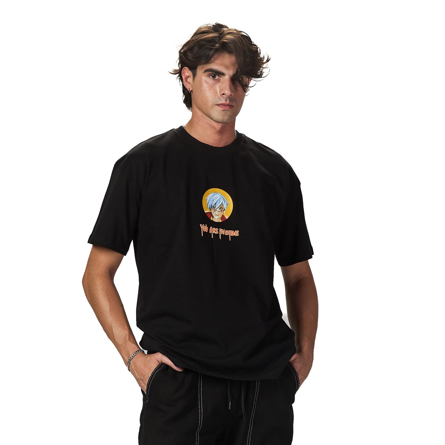 You are inside black oversized printed t-shirt