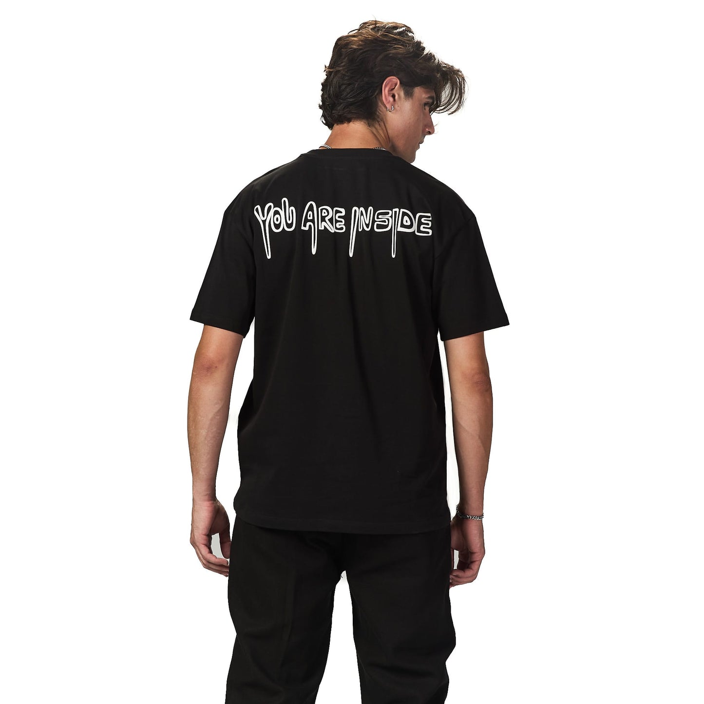 You are inside black oversized printed t-shirt