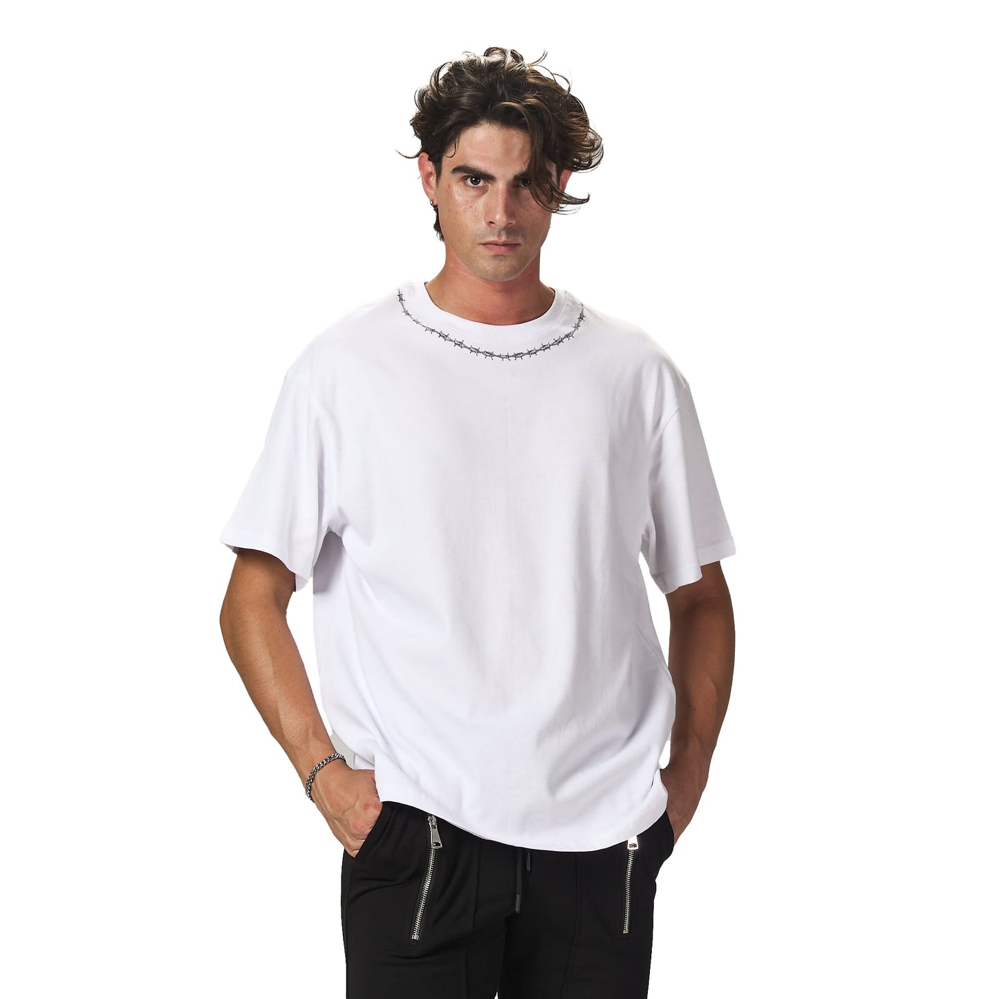 White Oversized Neck Printed T-shirt